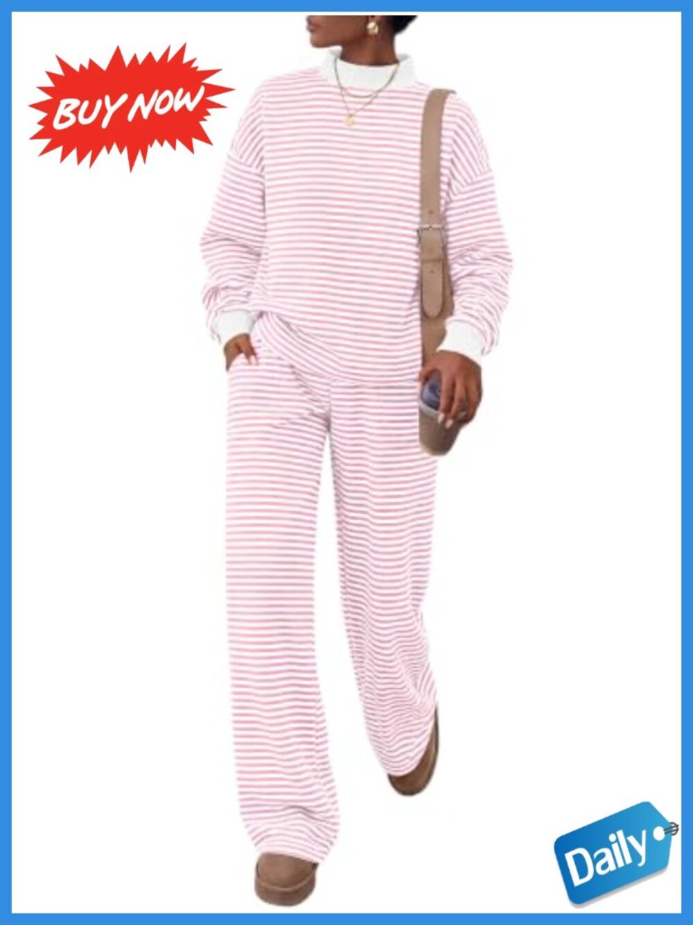 Women's Striped Lounge Set Oversized Mock Neck Sweatshirt Wide Leg Pants Two